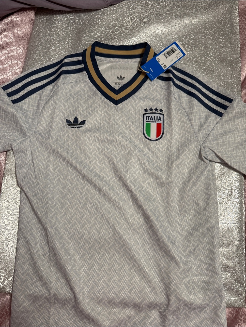 adidas Italia White and Navy Retro Football Jersey with Gold Trim